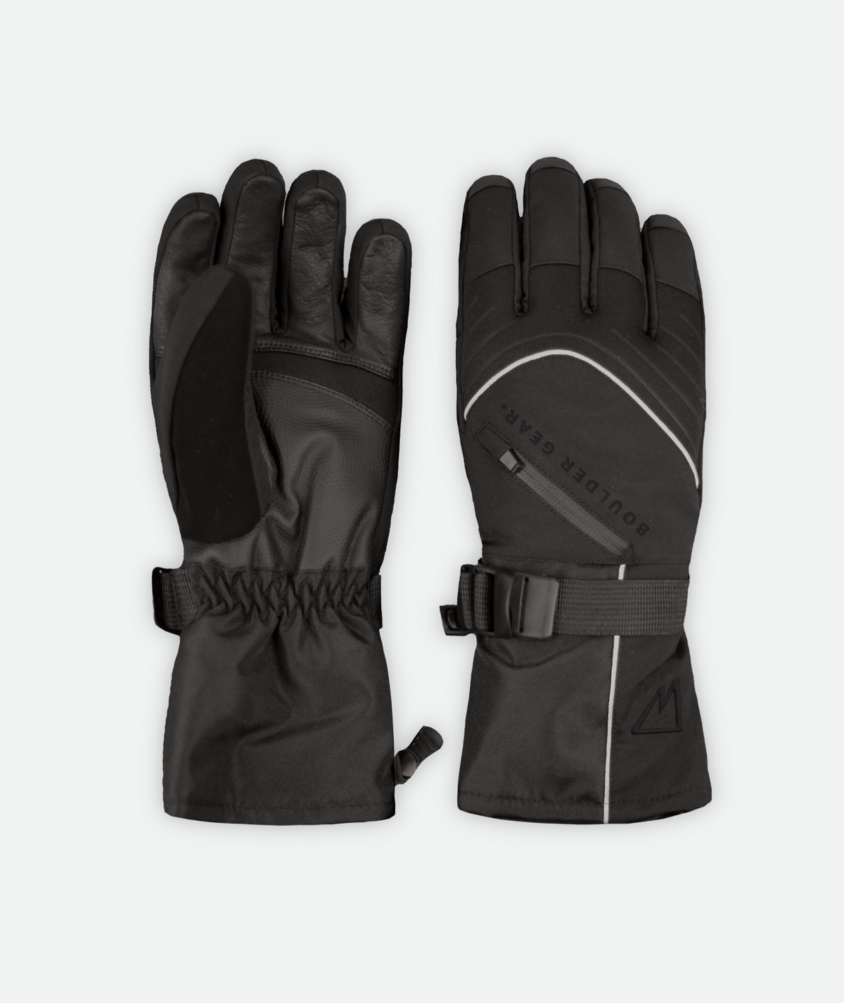Front and back view of black glove with white piping on a white background.