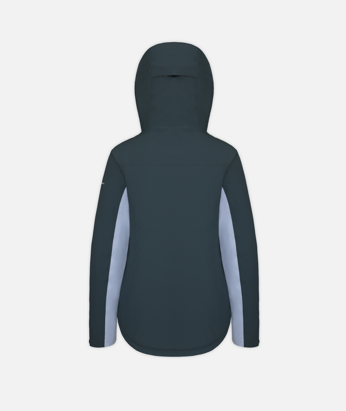 back of a women's jacket in two-tone gray blue and light purple with hood on a white background