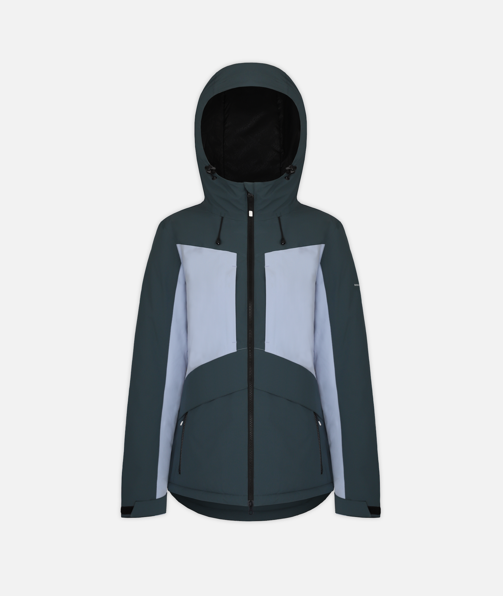 A women's jacket in two-tone gray blue and light purple with hood on a white background