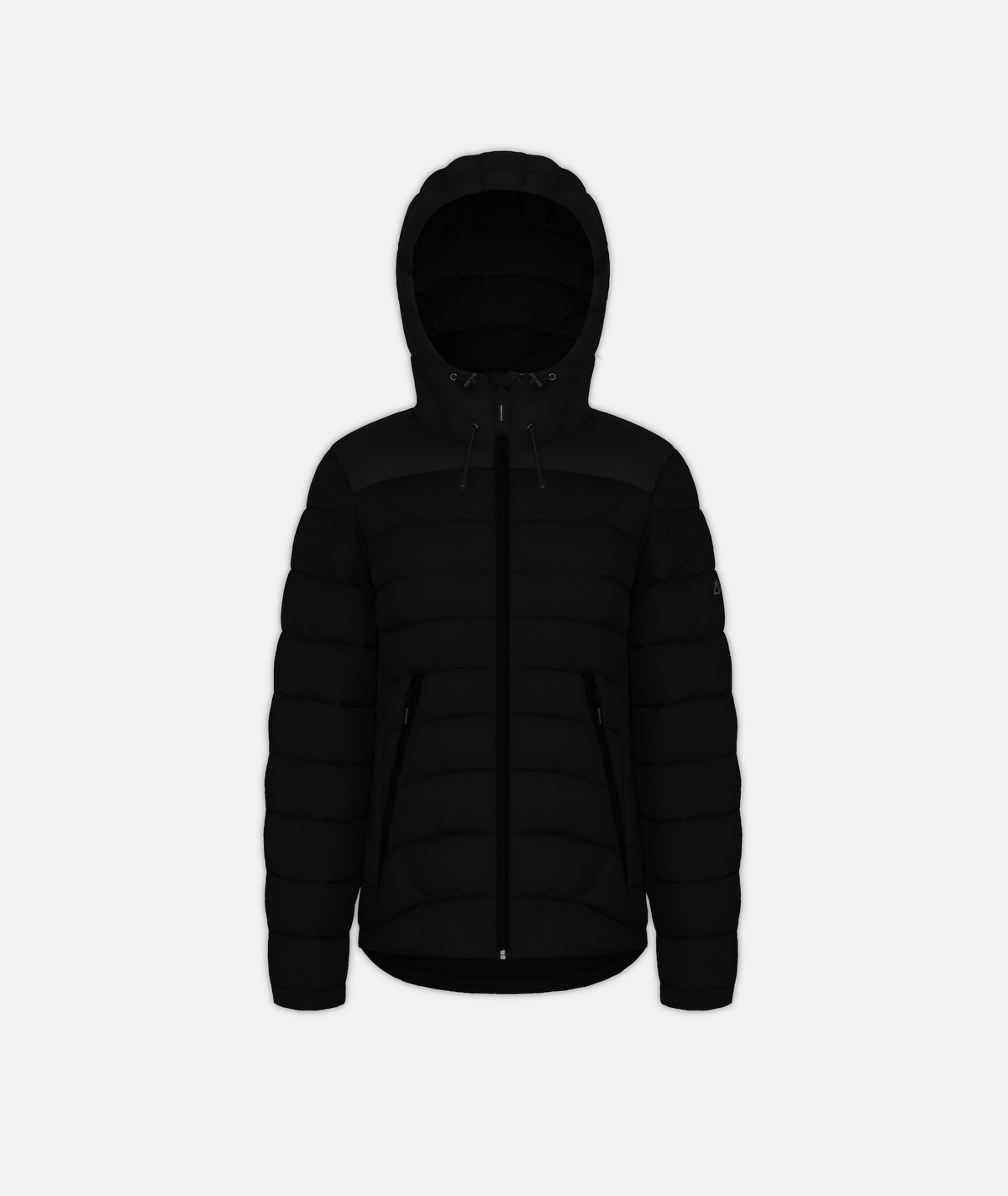 A black puffy jacket with a hood on a white background