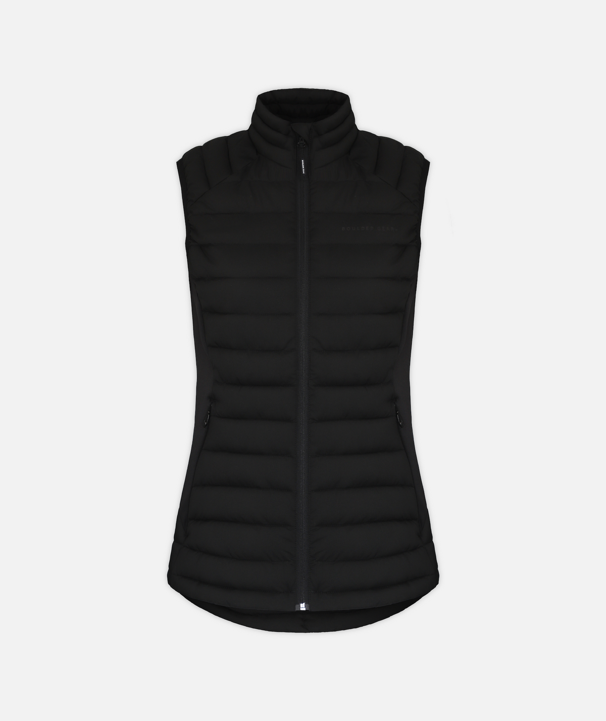 A black Puffy Vest with quilting details and black accents on a white background