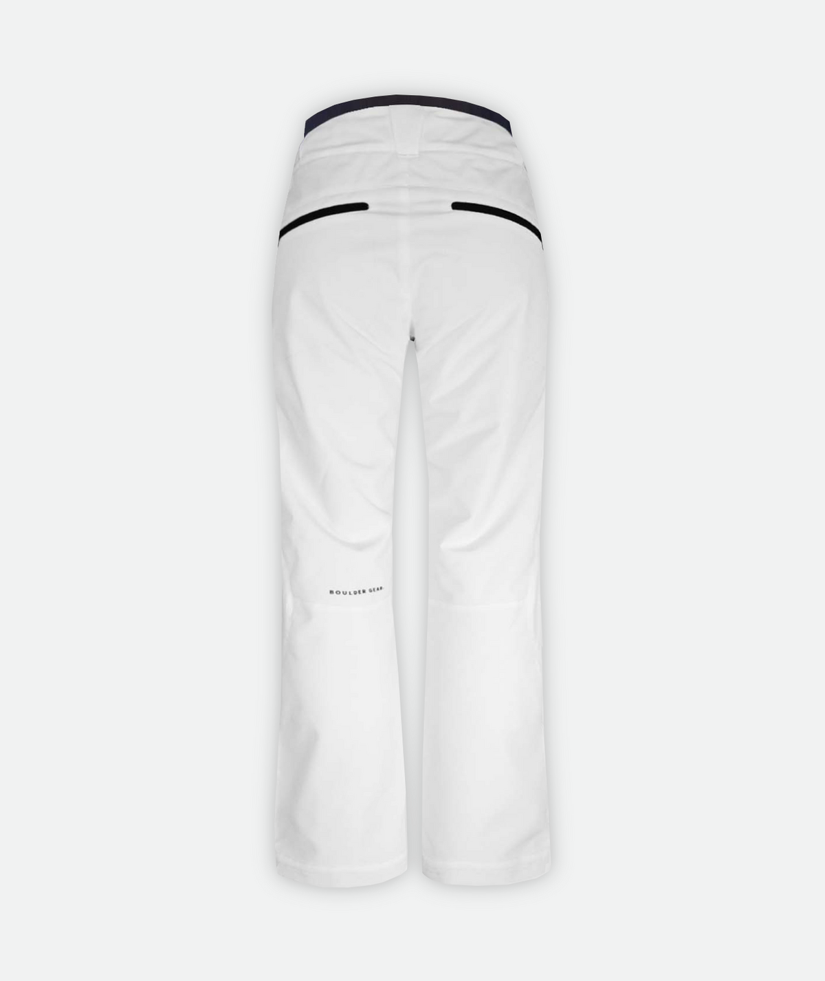 Back view of pair of white ski pants for women with adjustable waistbands and ventilation on a white background.
