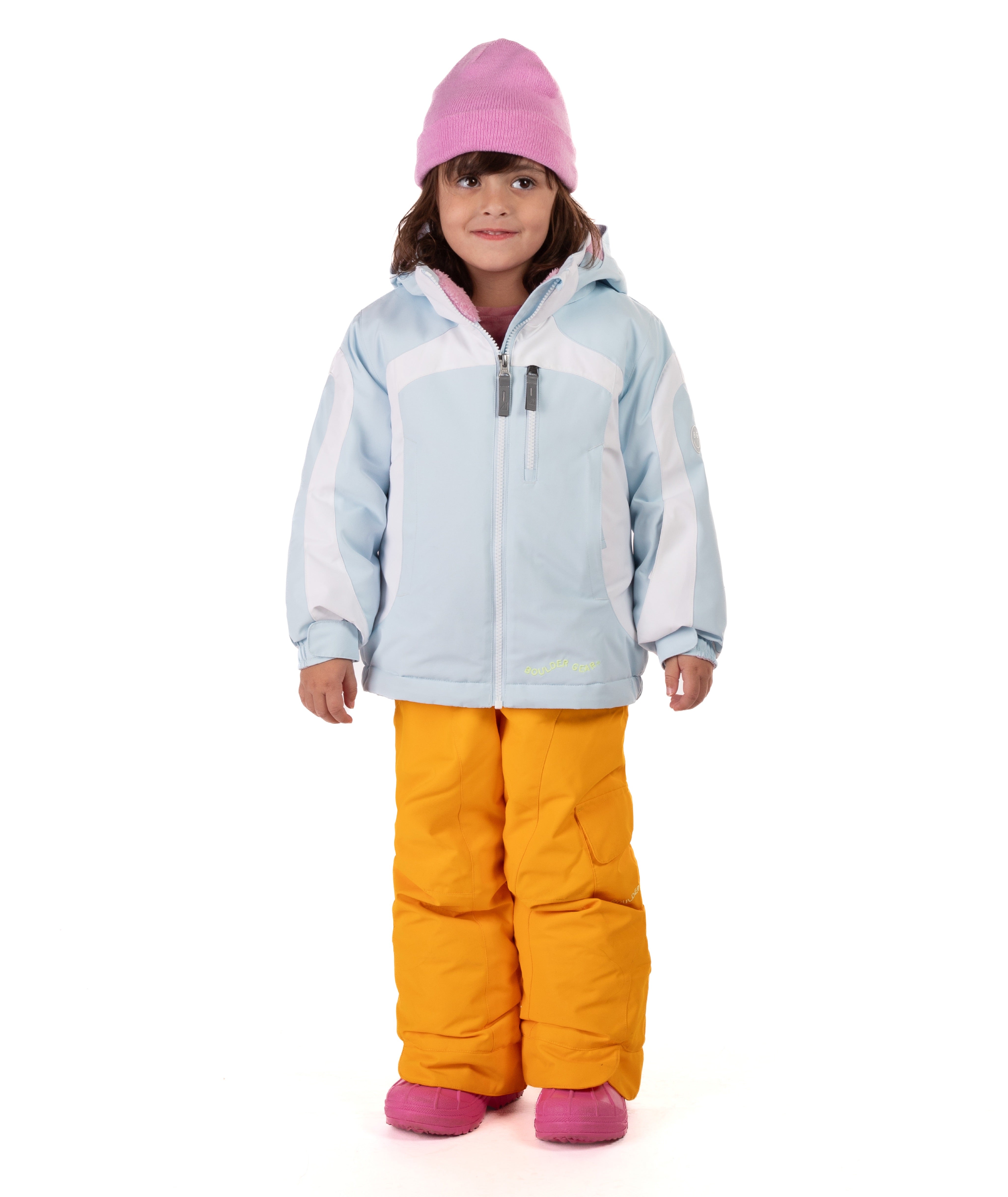 Child wearing a light blue and white jacket on a white background