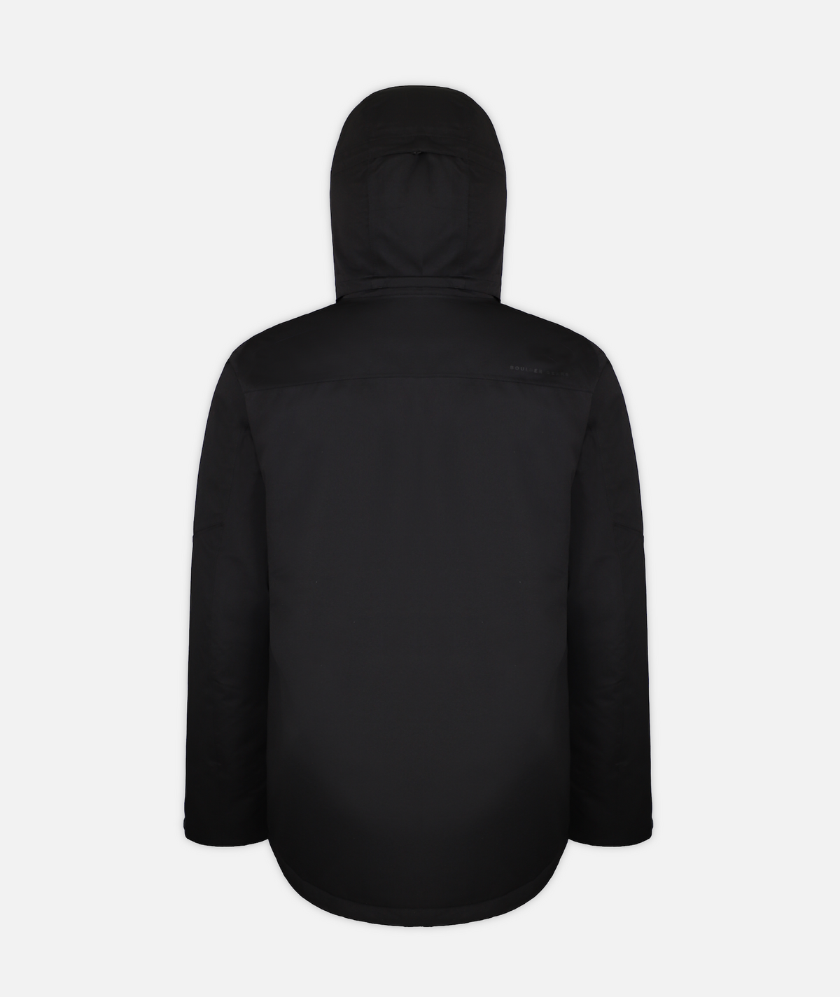 back of a men's insulated jacket in black heather color with a hood, featuring multiple pockets on a white background.