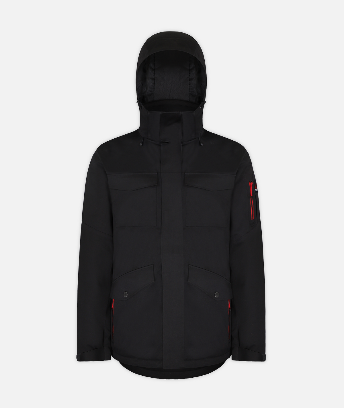 A men's insulated jacket in black heather color with a hood, featuring multiple pockets on a white background.