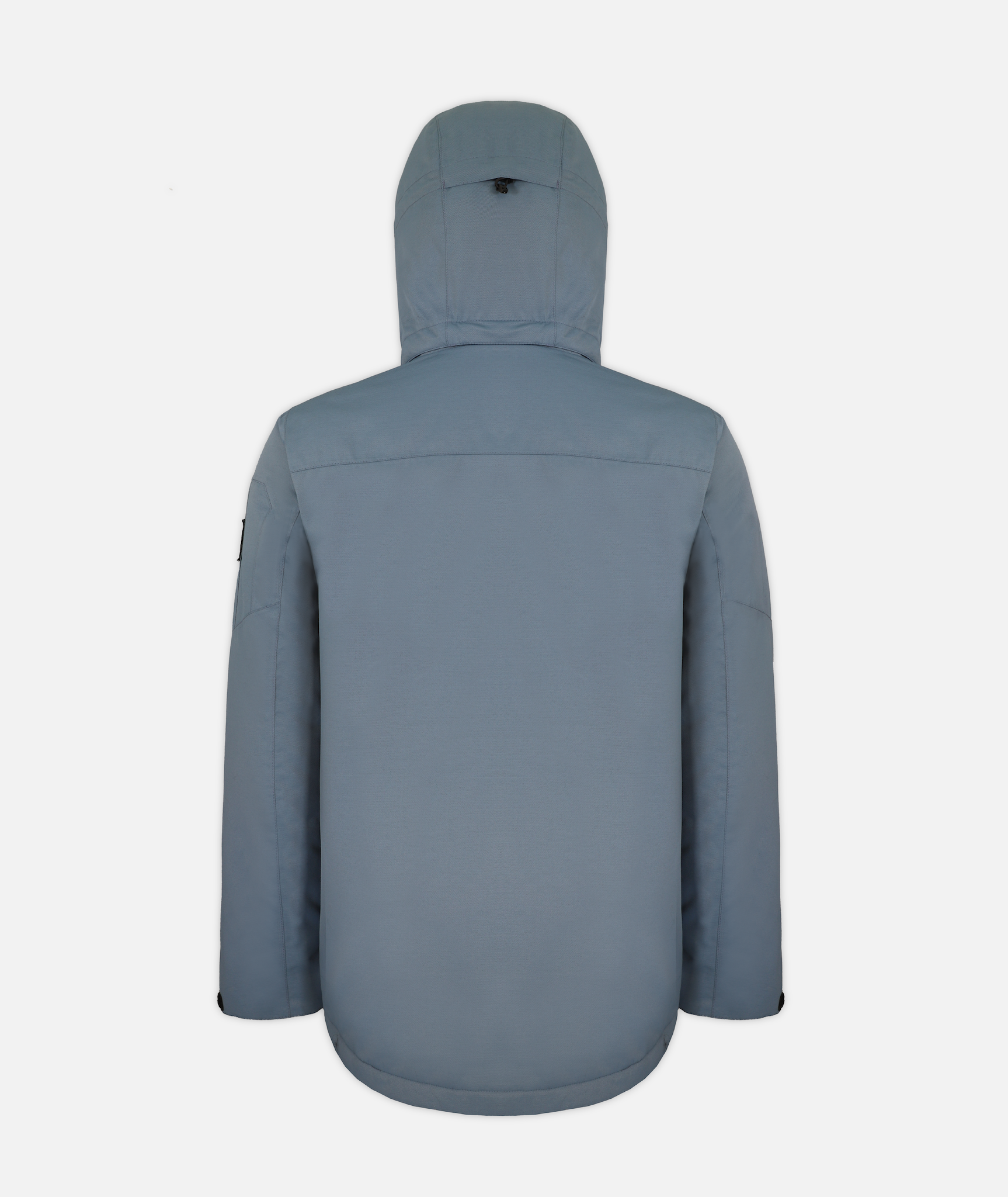 back of a men's insulated jacket in slate blue heathered color with a hood, featuring multiple pockets on a white background.