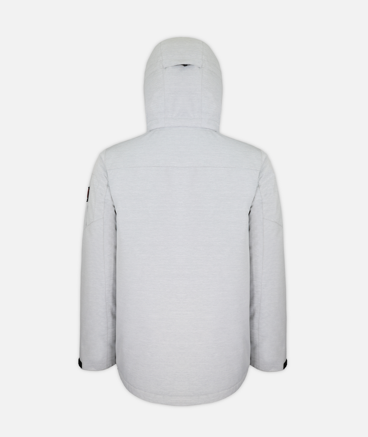 back of a men's insulated jacket in light gray heathered color with a hood, featuring multiple pockets on a white background.