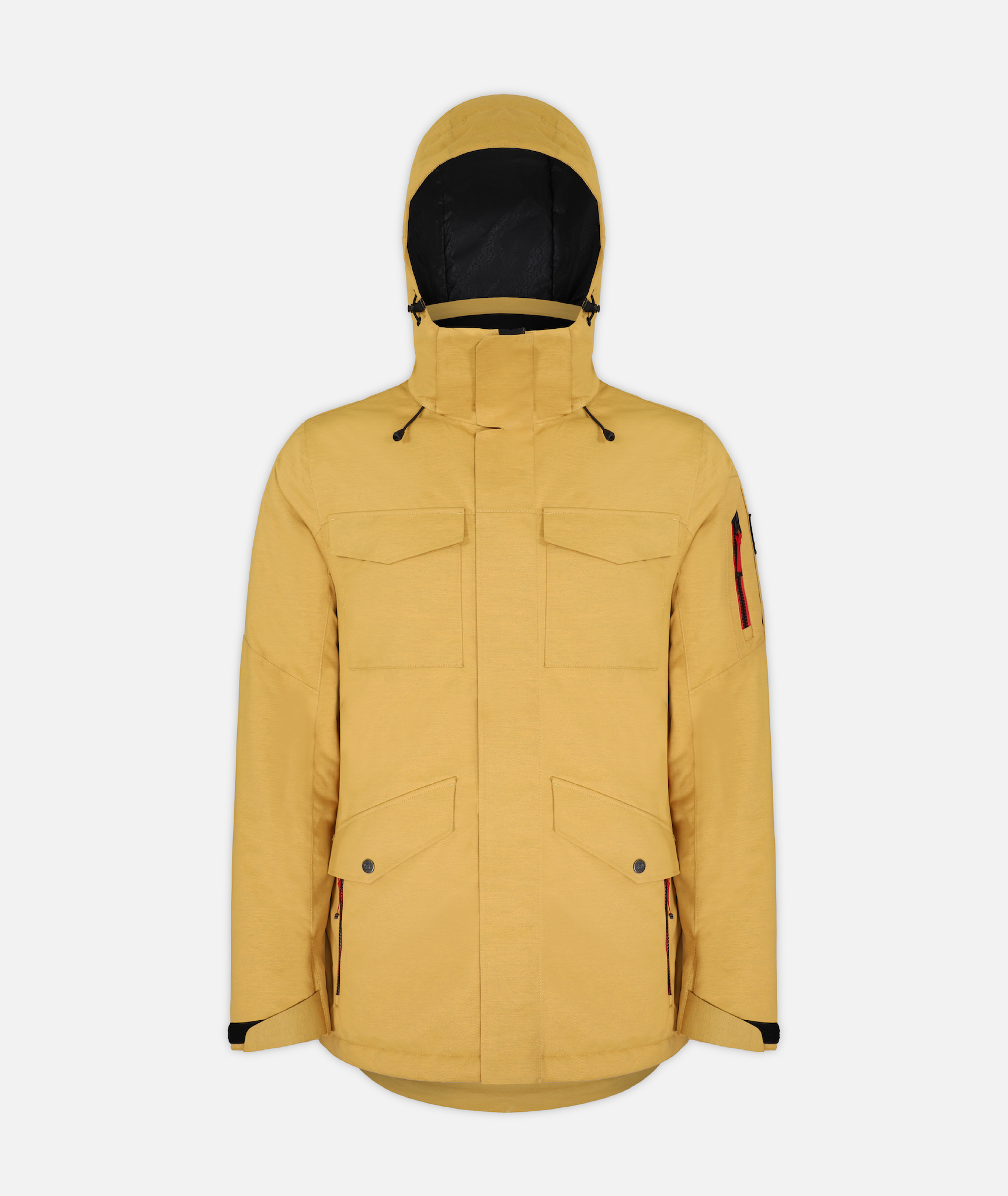 A men's insulated jacket in mustard yellow heathered color with a hood, featuring multiple pockets on a white background.