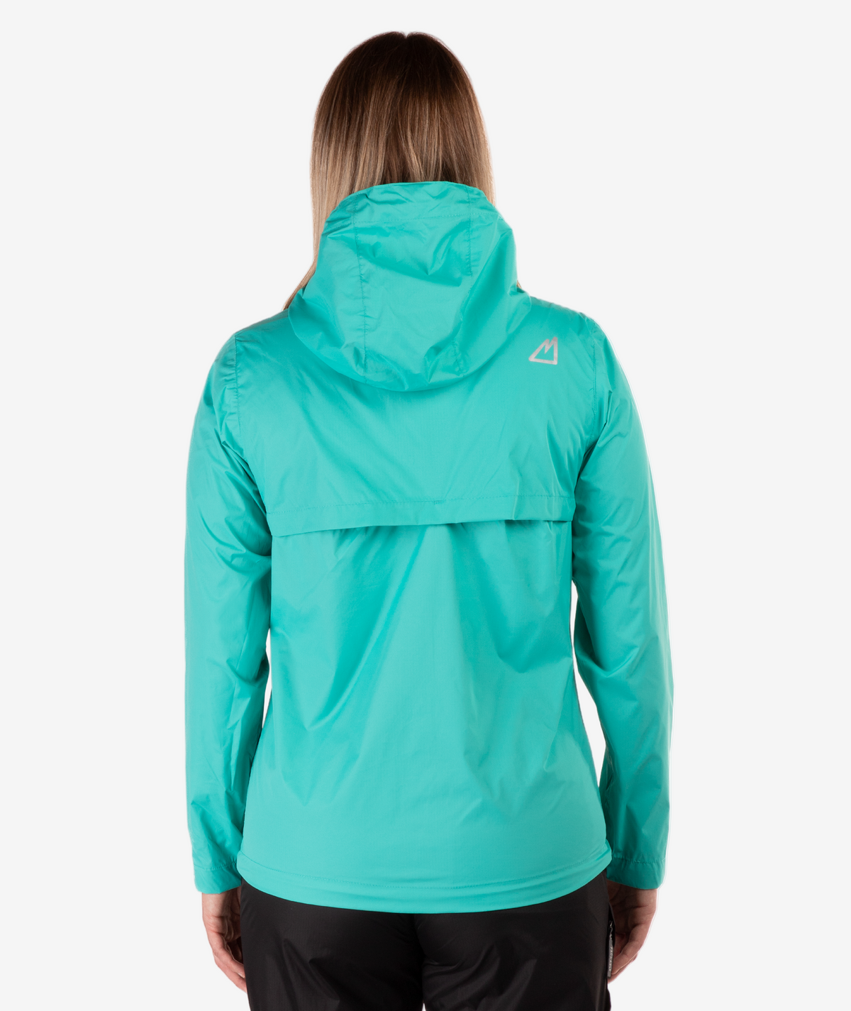 back of a Turquoise jacket worn by a person on a white background