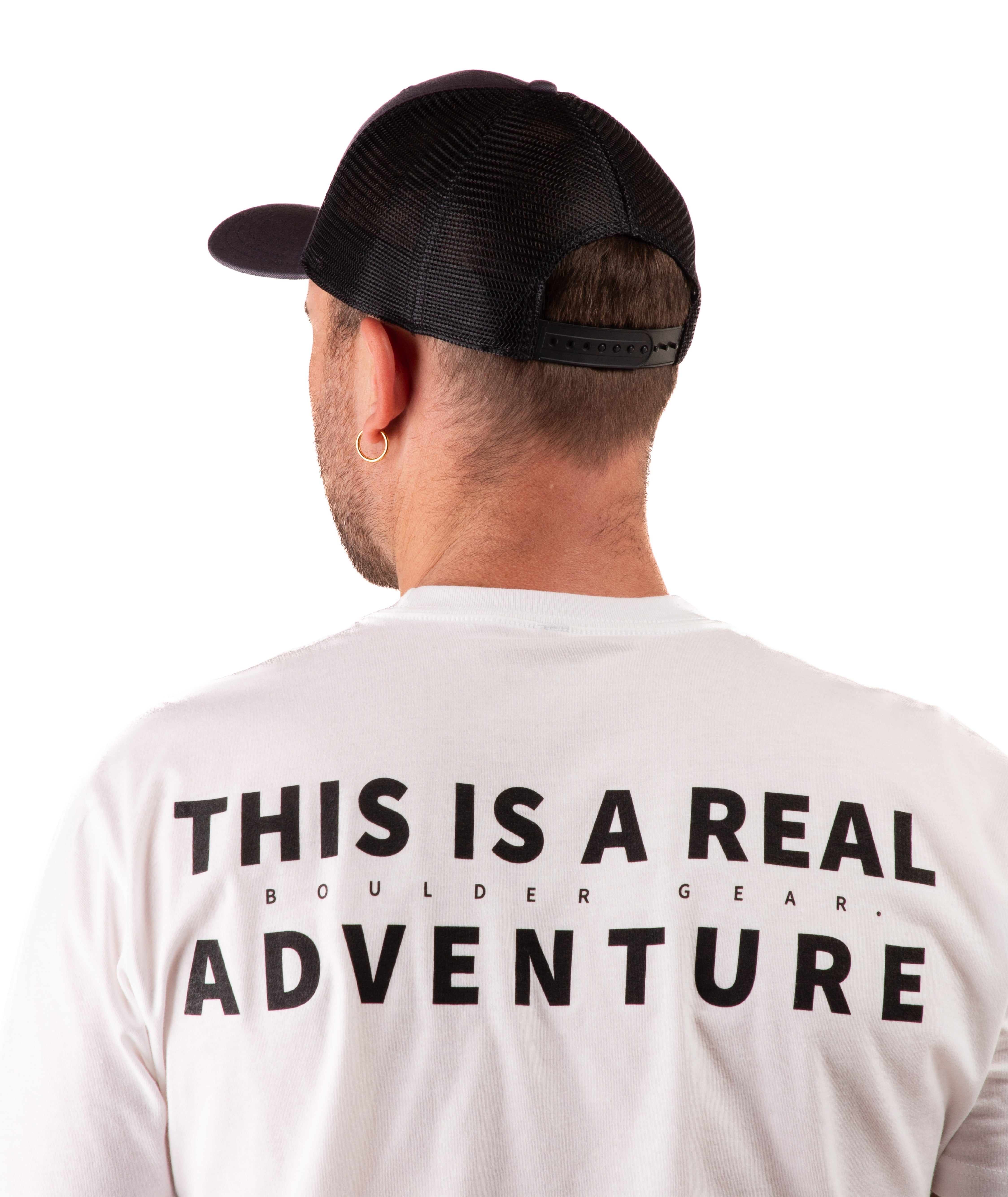back of a Man wearing a navy cap and white t-shirt with text on a white background