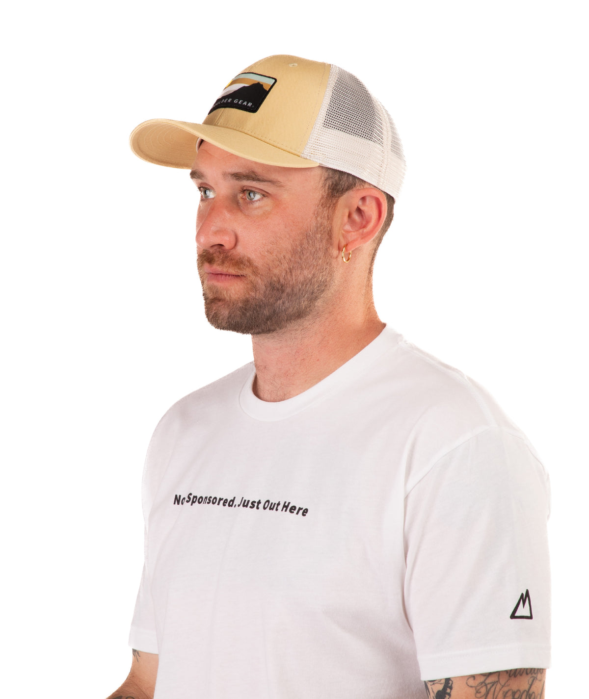 Man wearing a yellow cap and white t-shirt with text on a white background