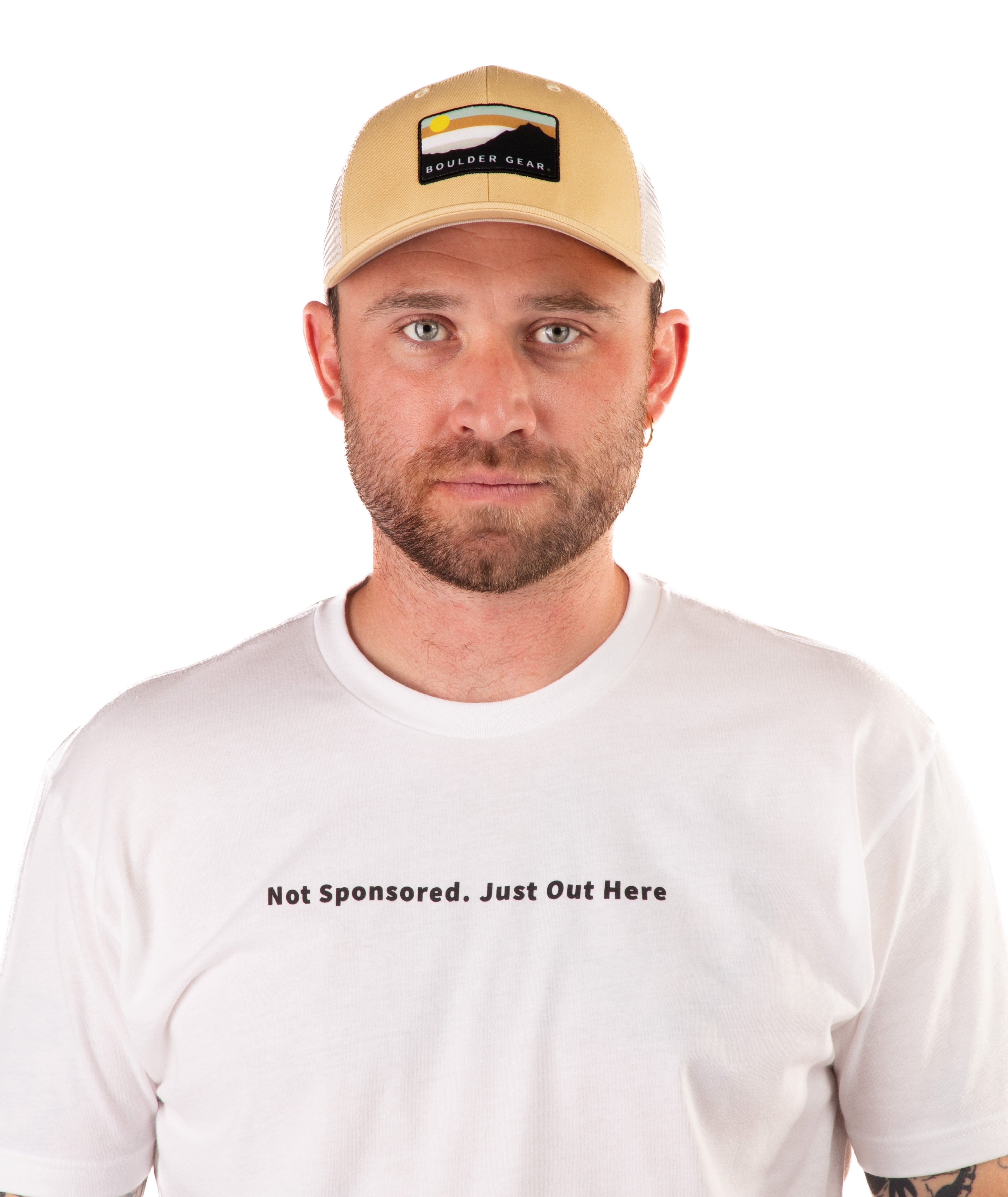 Man wearing a yellow cap and white t-shirt with text on a white background