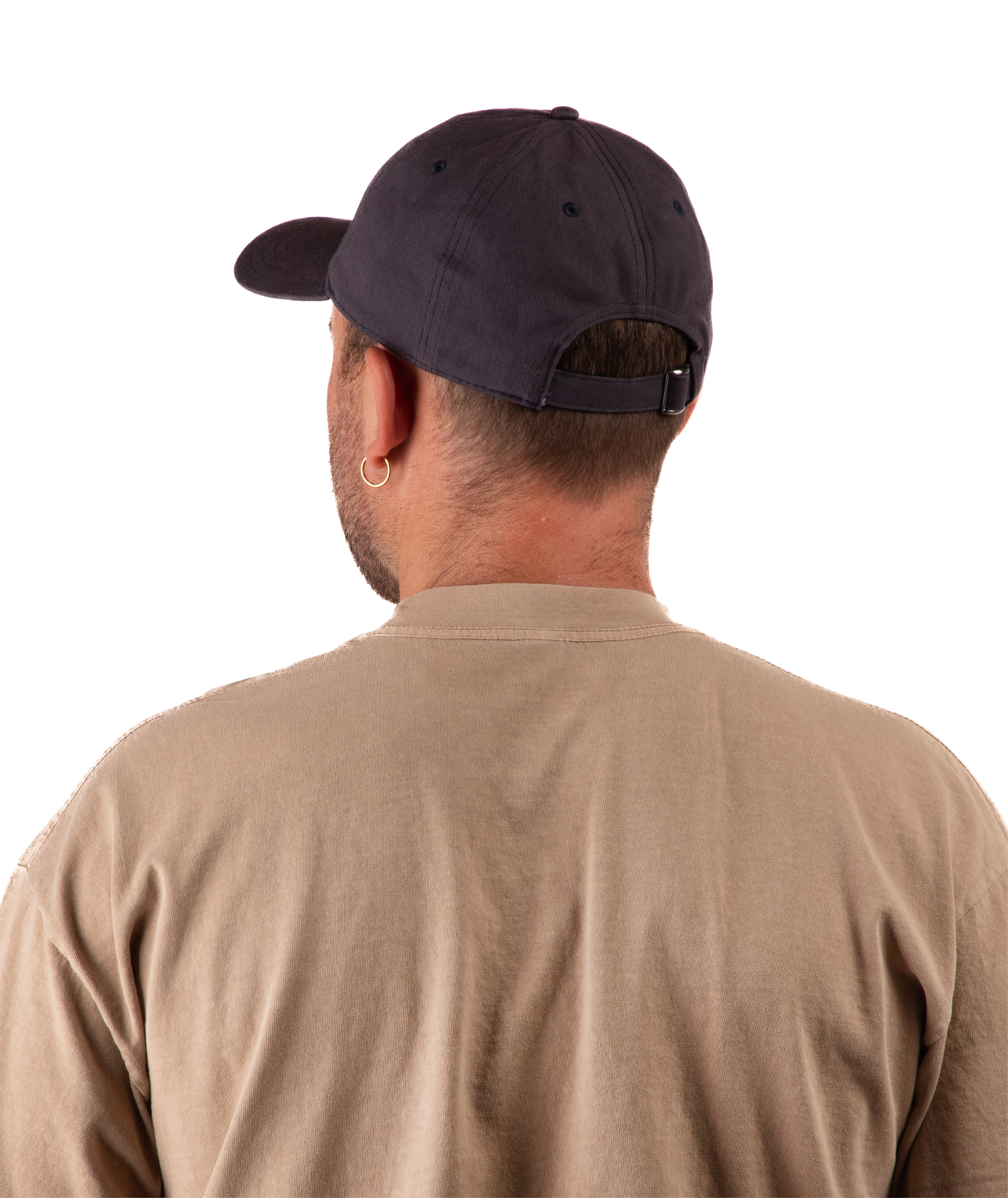 back of a Man wearing a brown t-shirt and navy cap on a white background
