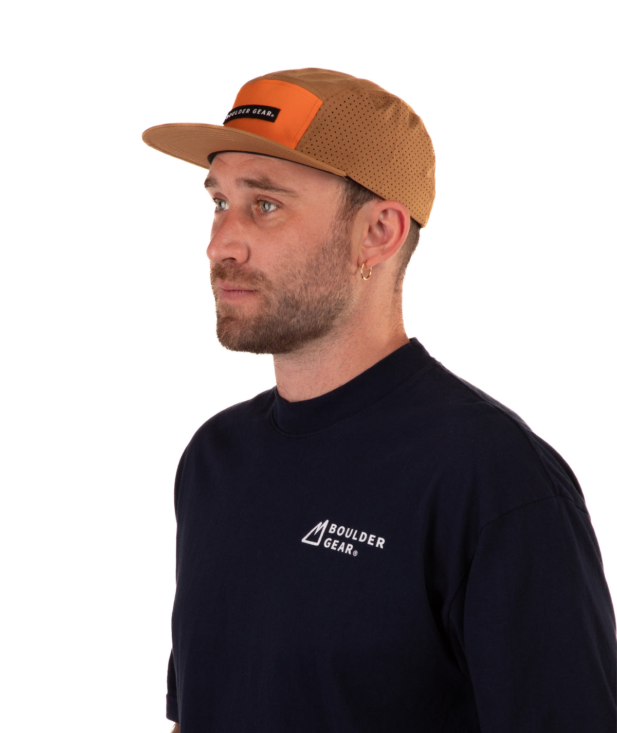 Man wearing a brown cap and navy T-shirt with Boulder Gear logo on a white background