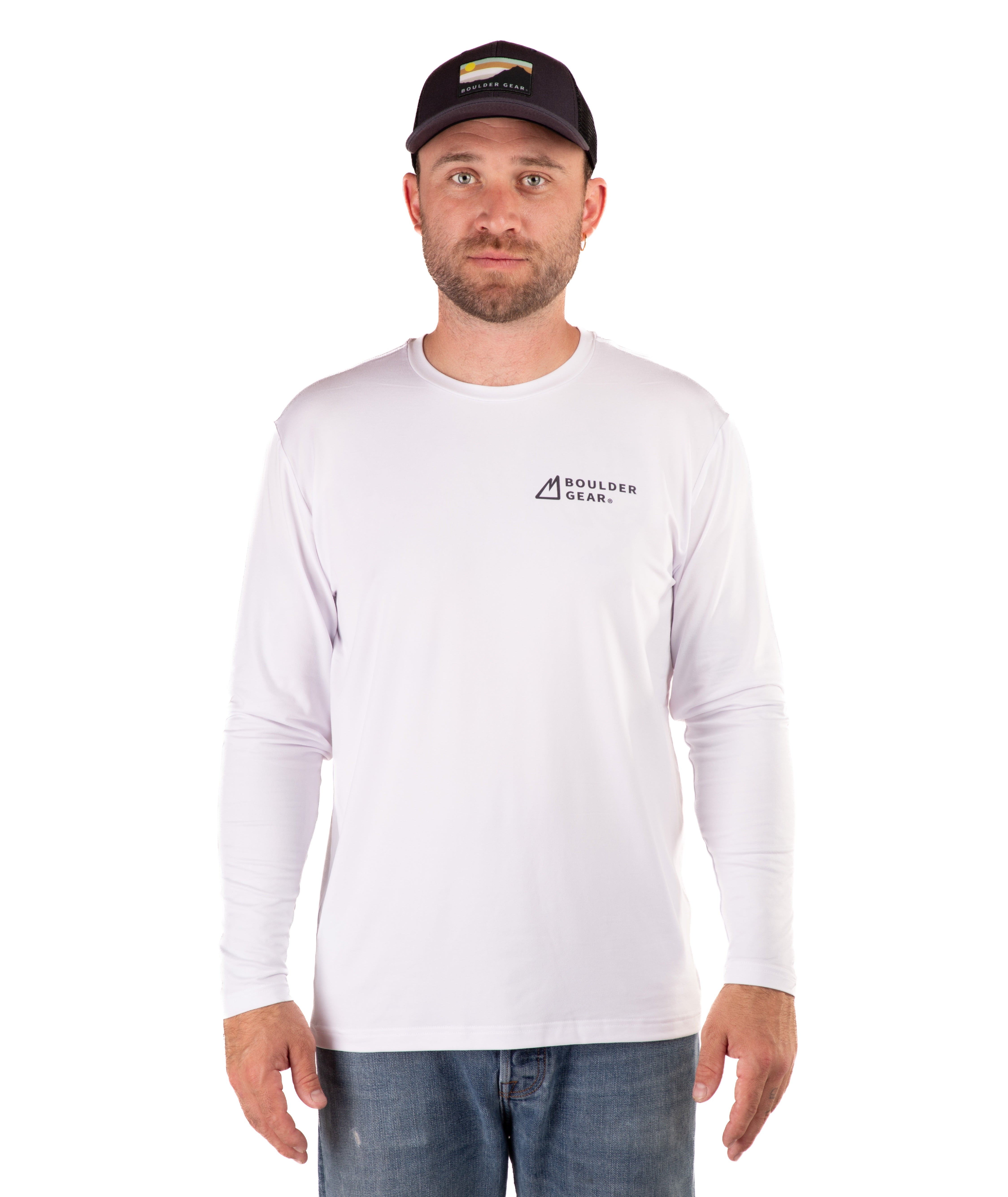 Man wearing a white long-sleeve shirt with a logo on a white background