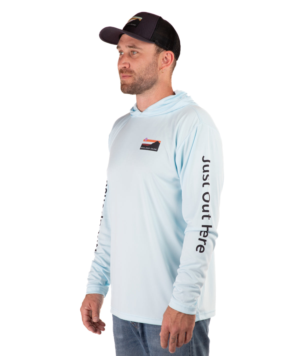 Man wearing a light blue long-sleeve hooded shirt with branding on a white background