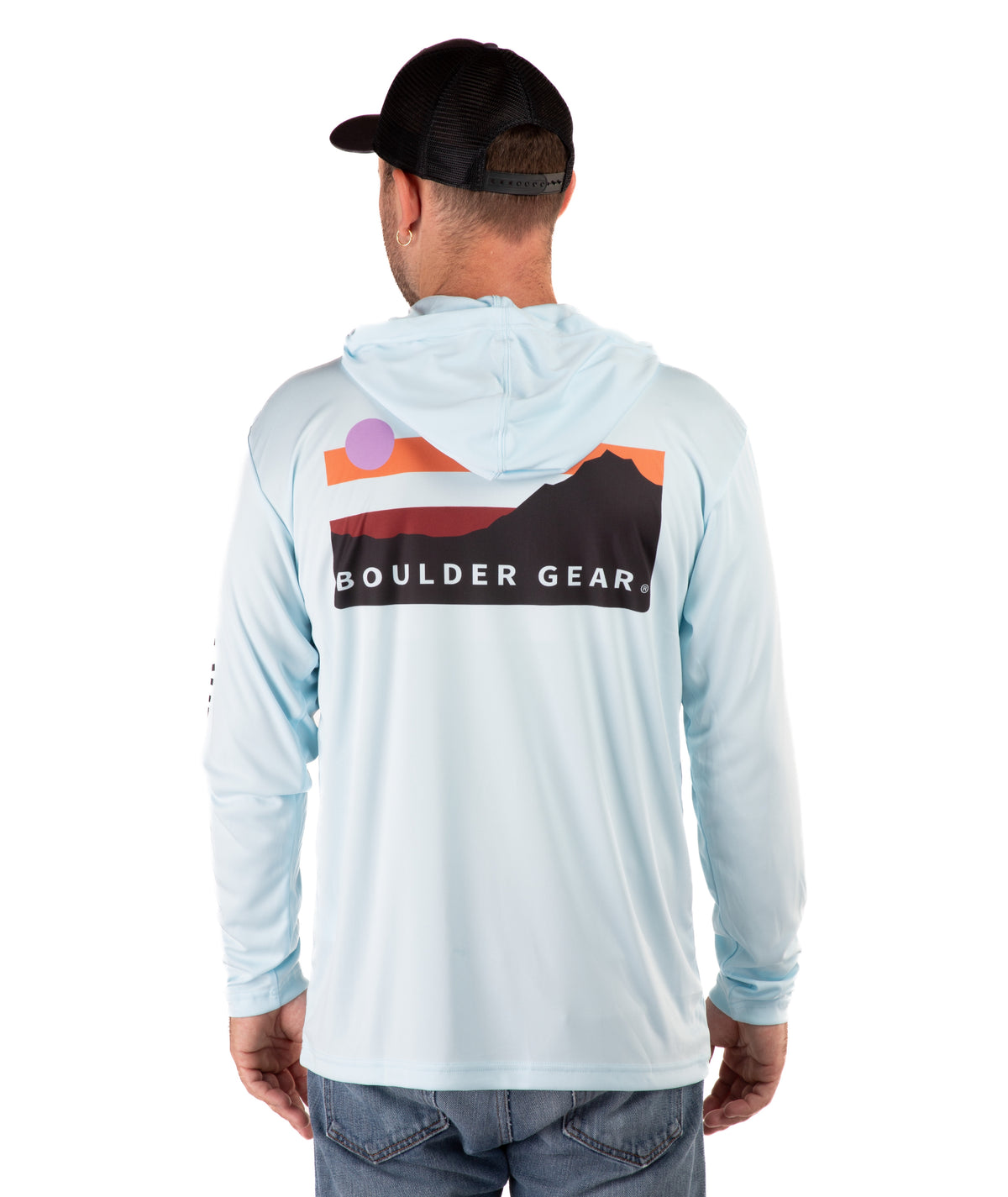 back of a Man wearing a light blue long-sleeve hooded shirt with branding on a white background