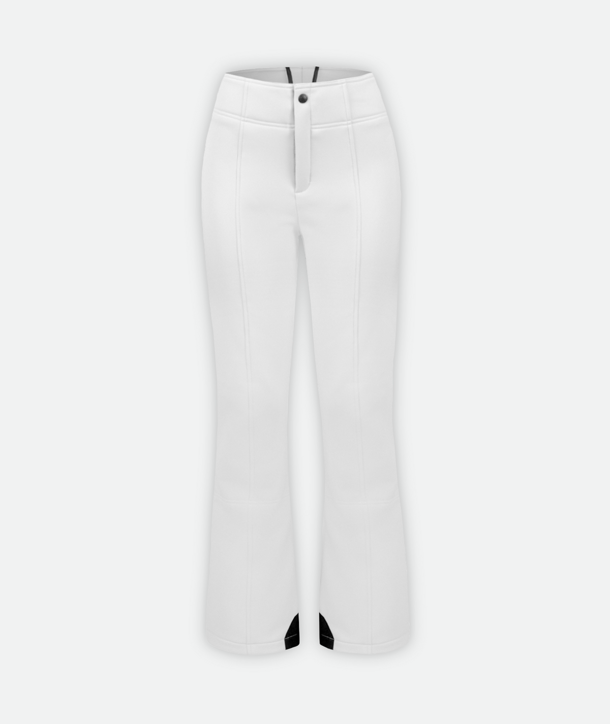 A pair of white, slim-fit women's ski pants on a white background.
