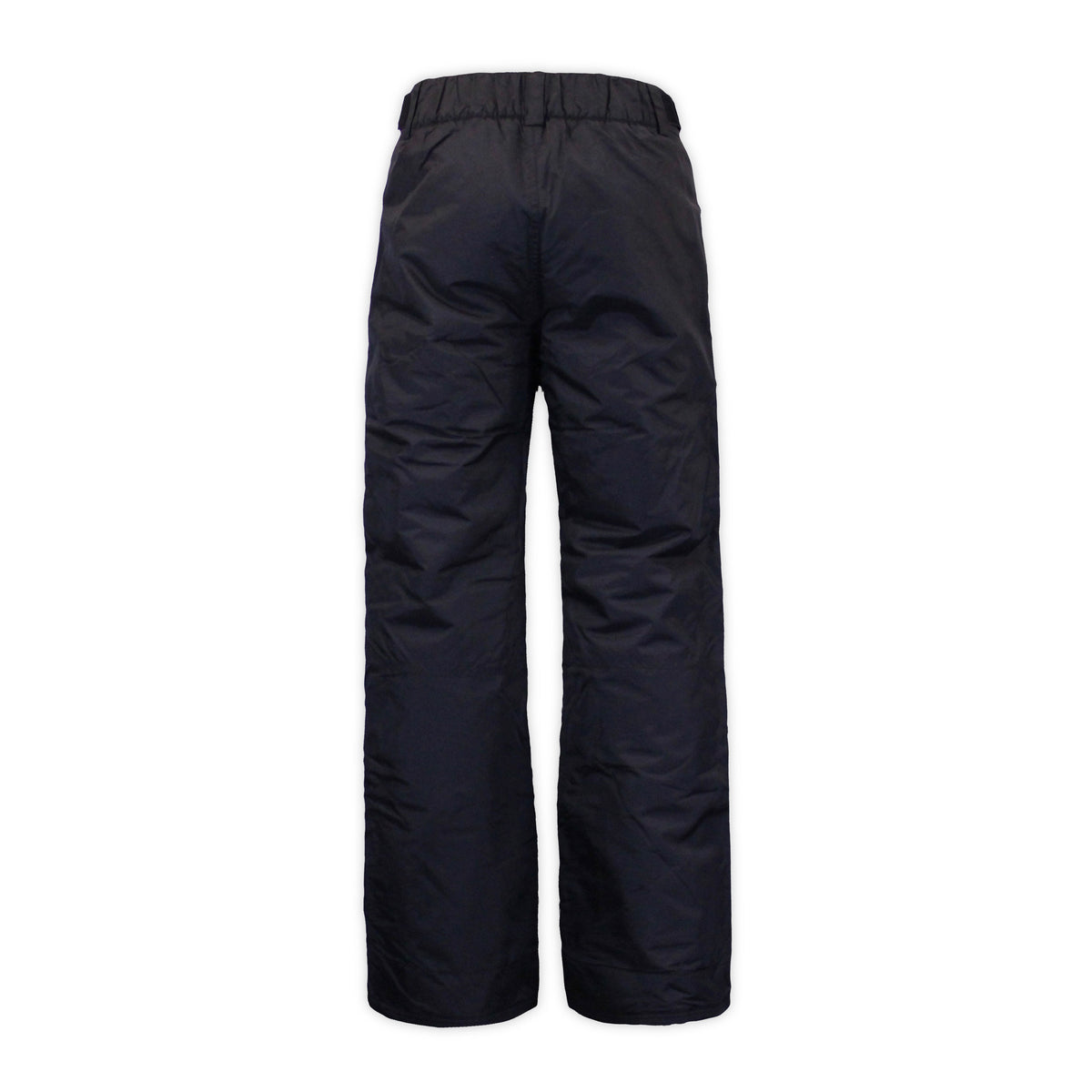 back of a pair of black snow pants on a white background