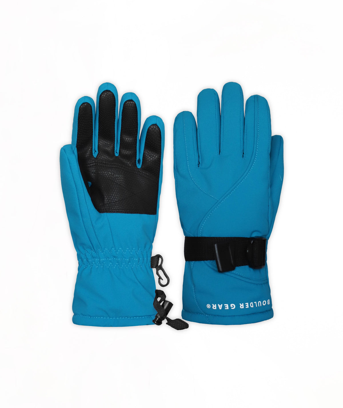 A pair of bright blue ski gloves with black palms and black wrist straps, shown against a plain white background. The brand name 'Boulder Gear' is printed in white on the cuff of the right glove.