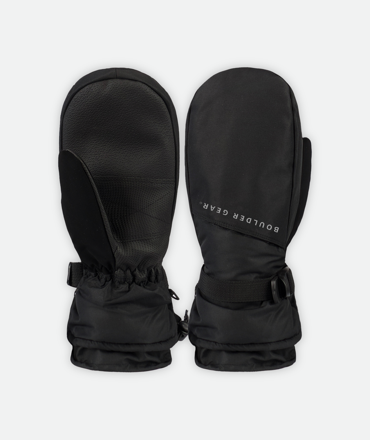 Front and back view of a black mitten with white logo on a white background.