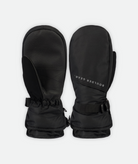 Front and back view of a black mitten with white logo on a white background.
