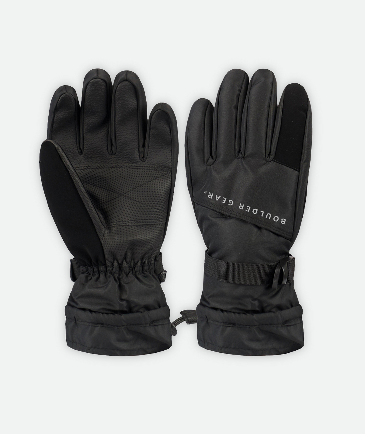 Front and back view of a black glove with white logo on a white background.