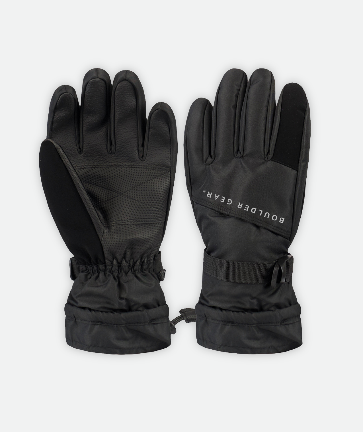 black gloves with white boulder gear logo on a white background