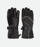 Front and back view of black glove with white piping on a white background.