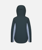back of a women's jacket in two-tone gray blue and light purple with hood on a white background