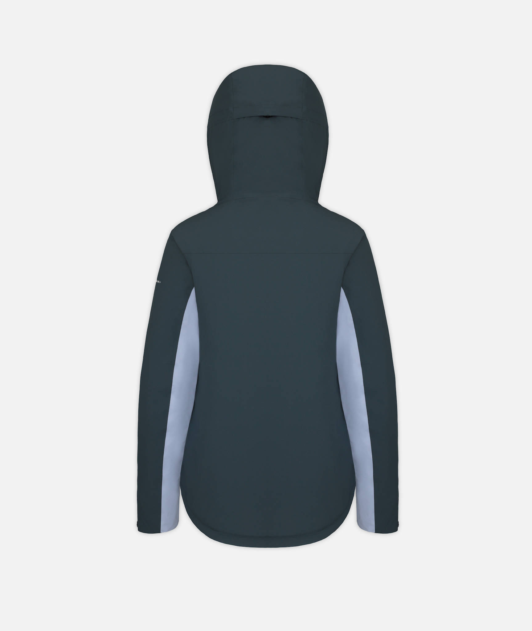 back of a women's jacket in two-tone gray blue and light purple with hood on a white background