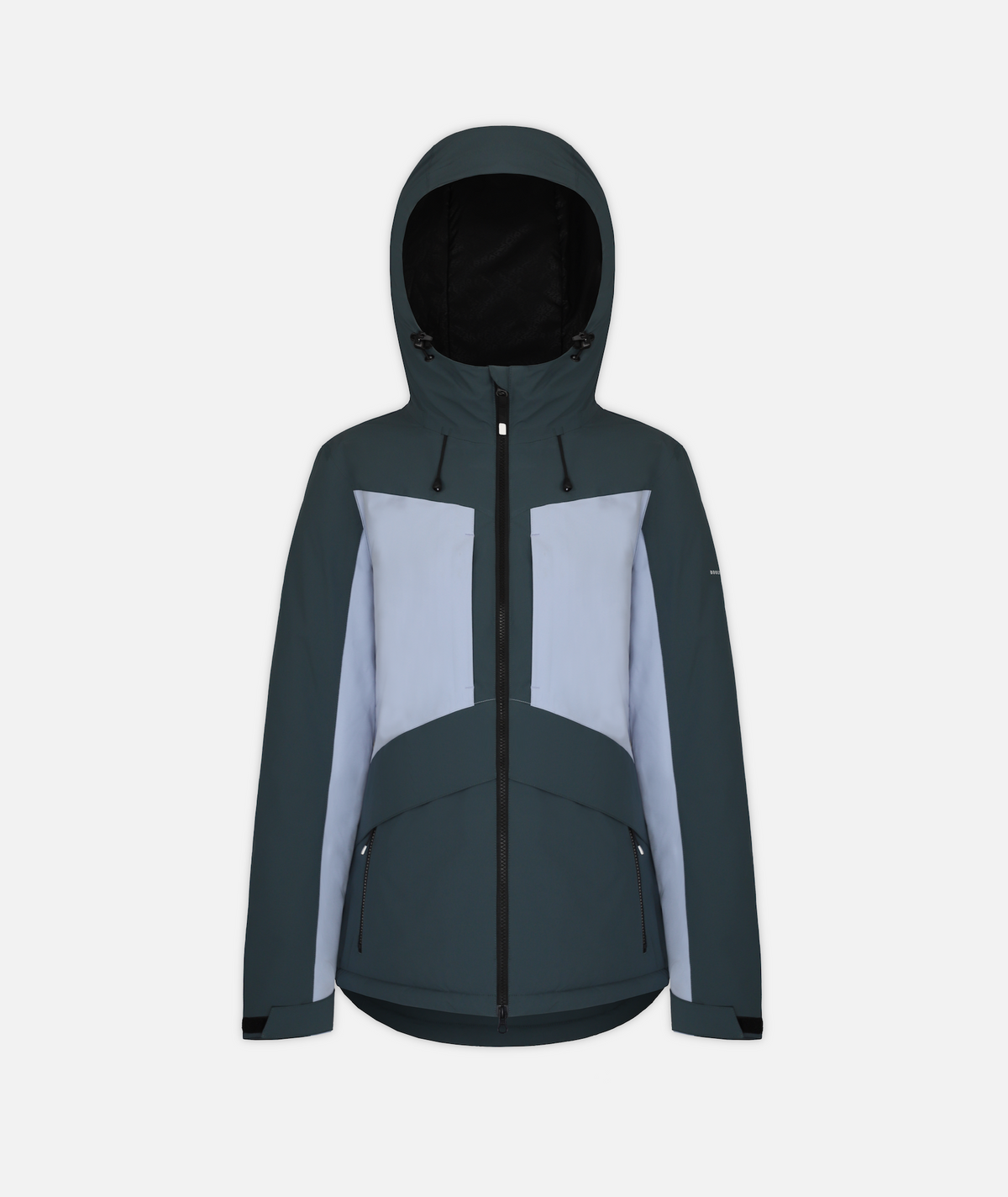 A women's jacket in two-tone gray blue and light purple with hood on a white background