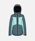 A women's jacket in two-tone faded green and blue with hood on a white background