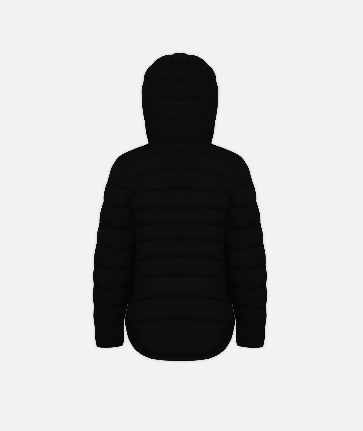 back of a black puffy jacket with a hood on a white background