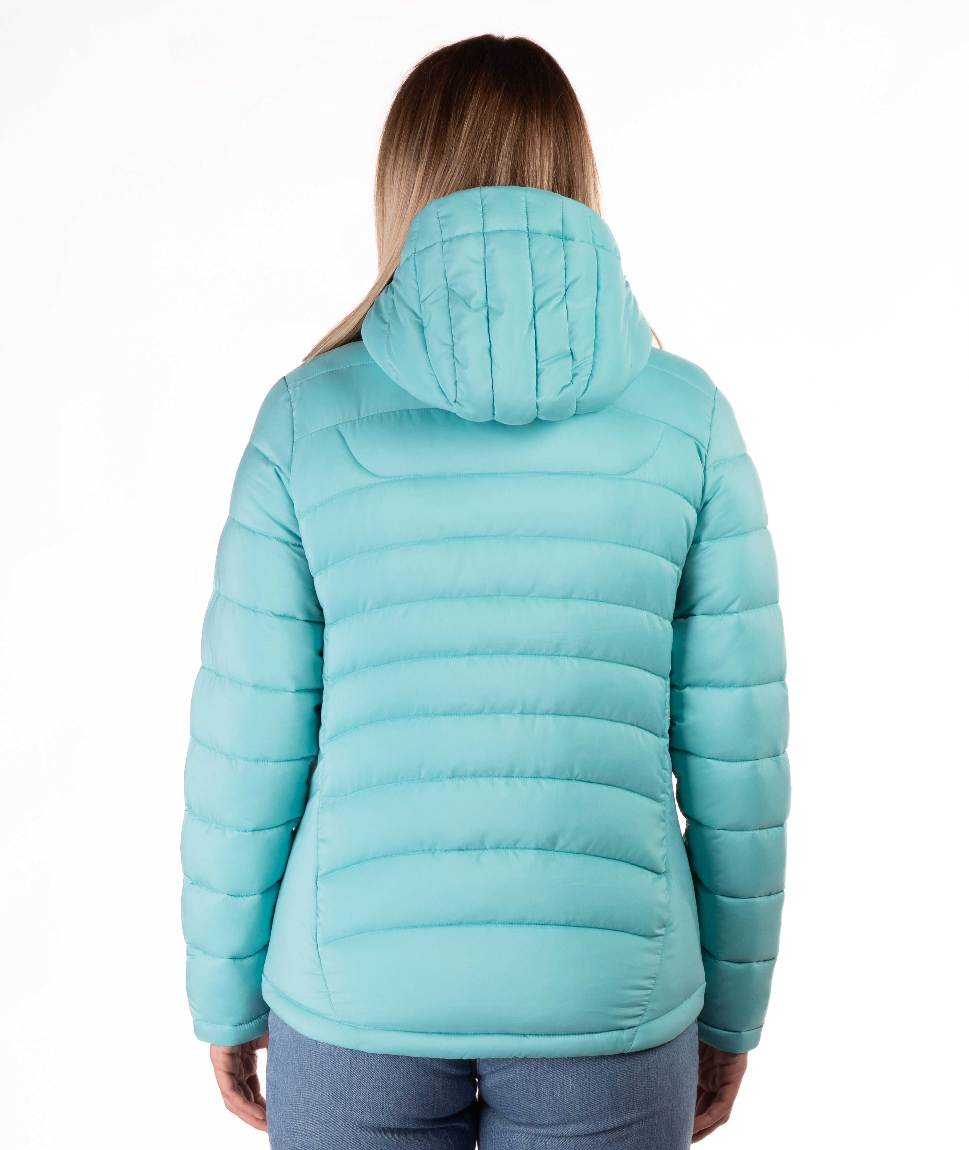 back of a person wearing a light blue puffer jacket on a white background