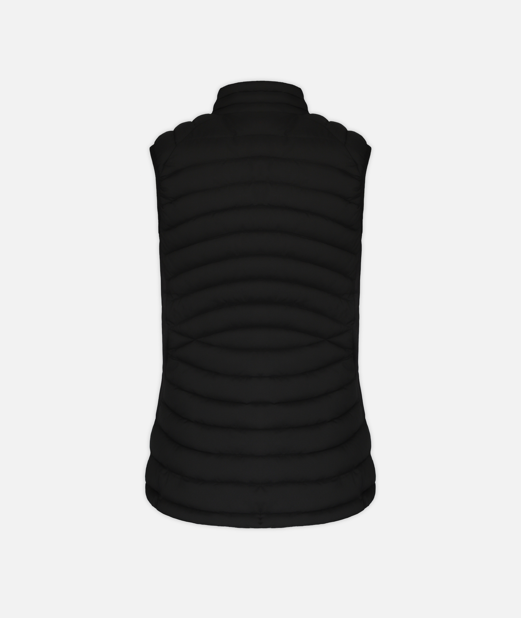 back of a black Puffy Vest with quilting details and black accents on a white background