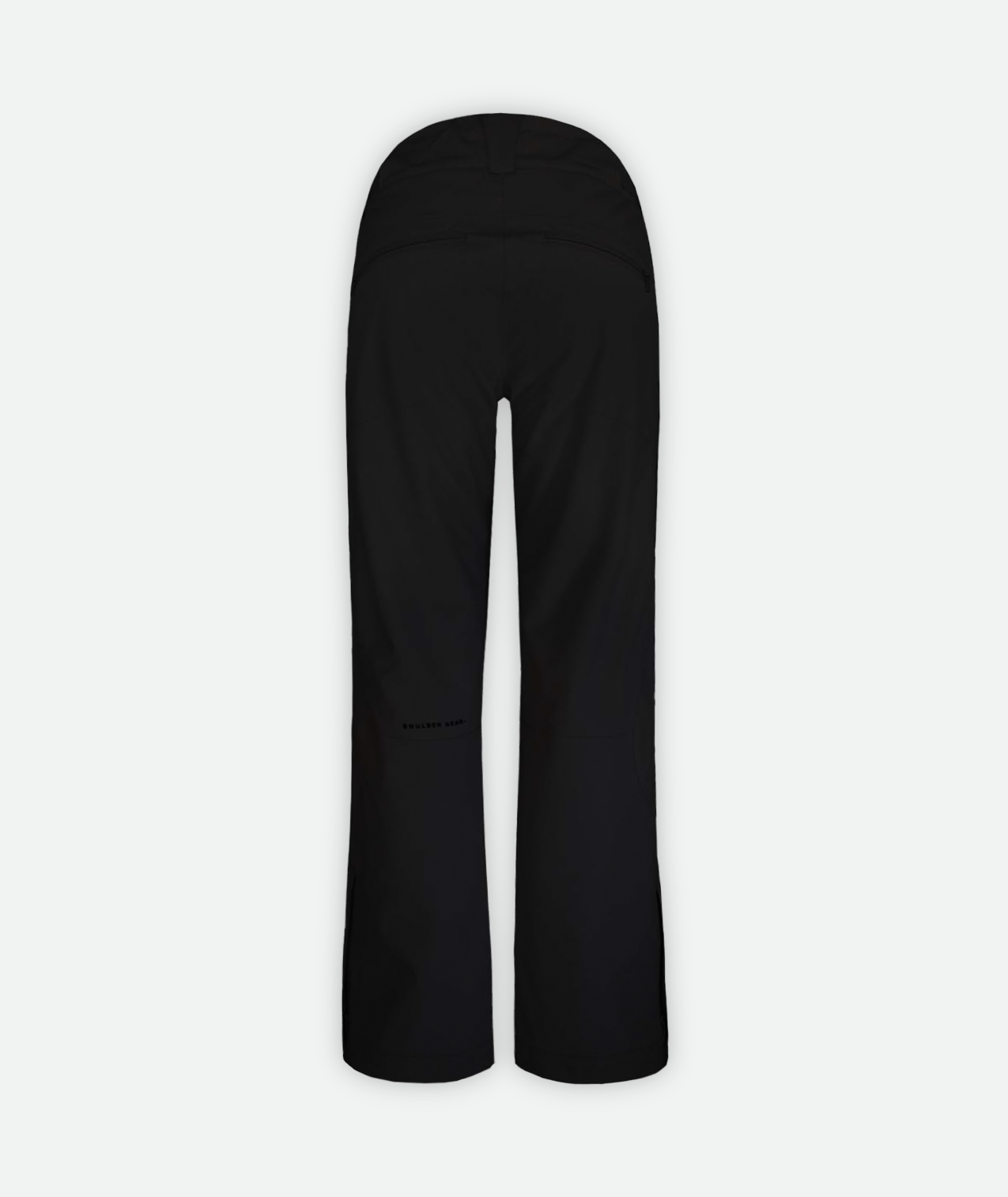 back of a pair of black snow pants on a white background