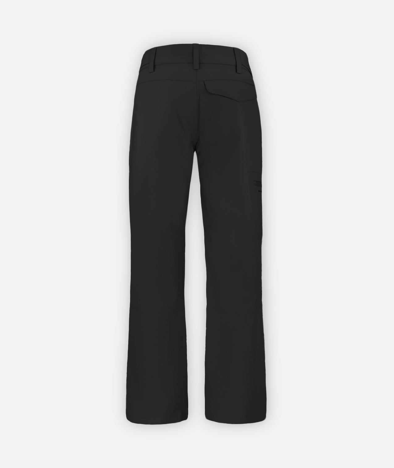 back of a pair of black insulated snow pants on a white background