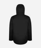 back of a  men's insulated jacket in black heather color with a hood, featuring multiple pockets on a white background.