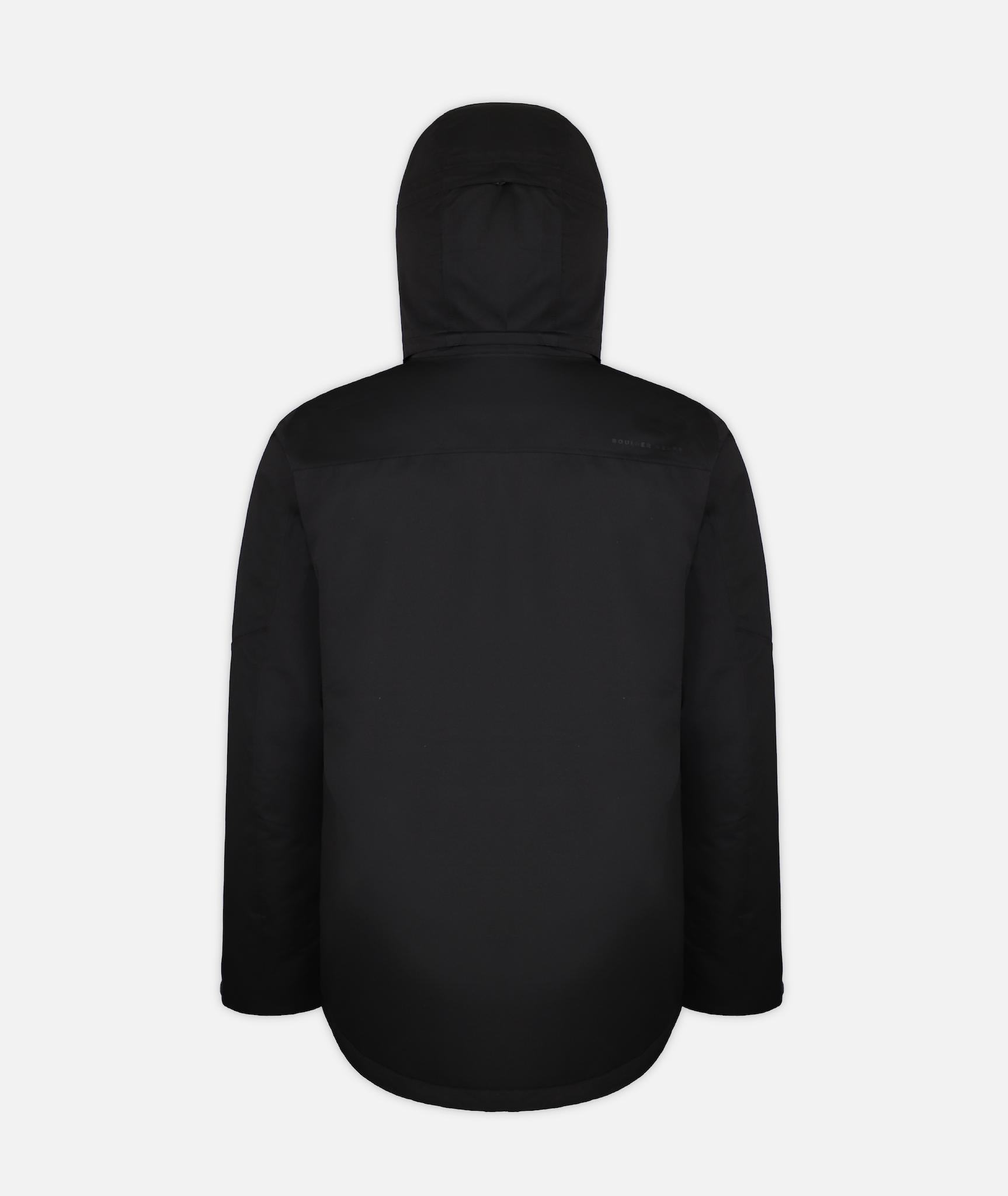 back of a  men's insulated jacket in black heather color with a hood, featuring multiple pockets on a white background.