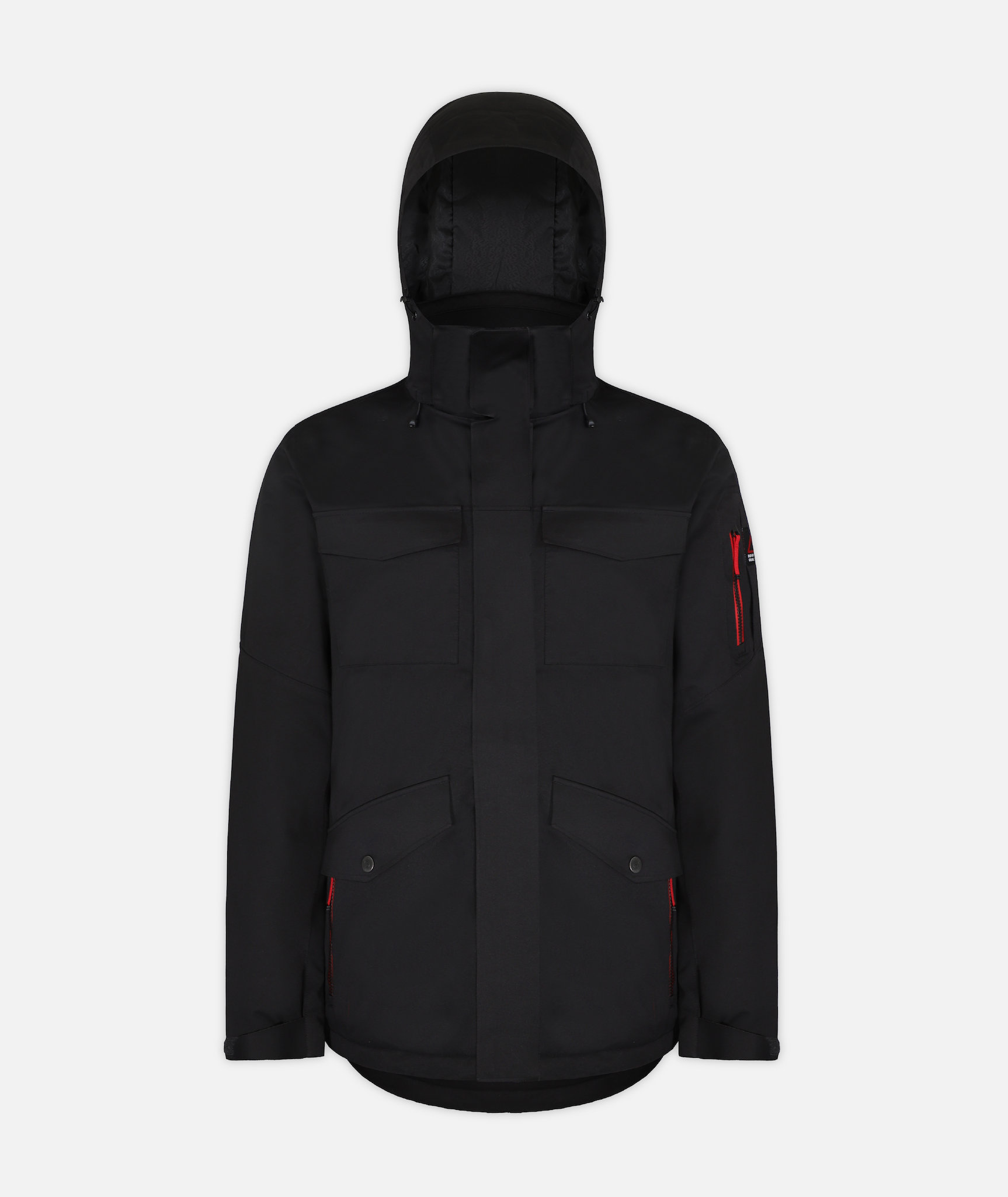 A men's insulated jacket in black heather color with a hood, featuring multiple pockets on a white background.