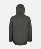 back of a men's insulated jacket in dark olive green heathered color with a hood, featuring multiple pockets on a white background.