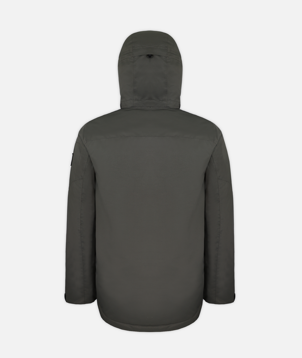 back of a men's insulated jacket in dark olive green heathered color with a hood, featuring multiple pockets on a white background.