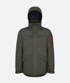A men's insulated jacket in dark olive green heathered color with a hood, featuring multiple pockets on a white background.