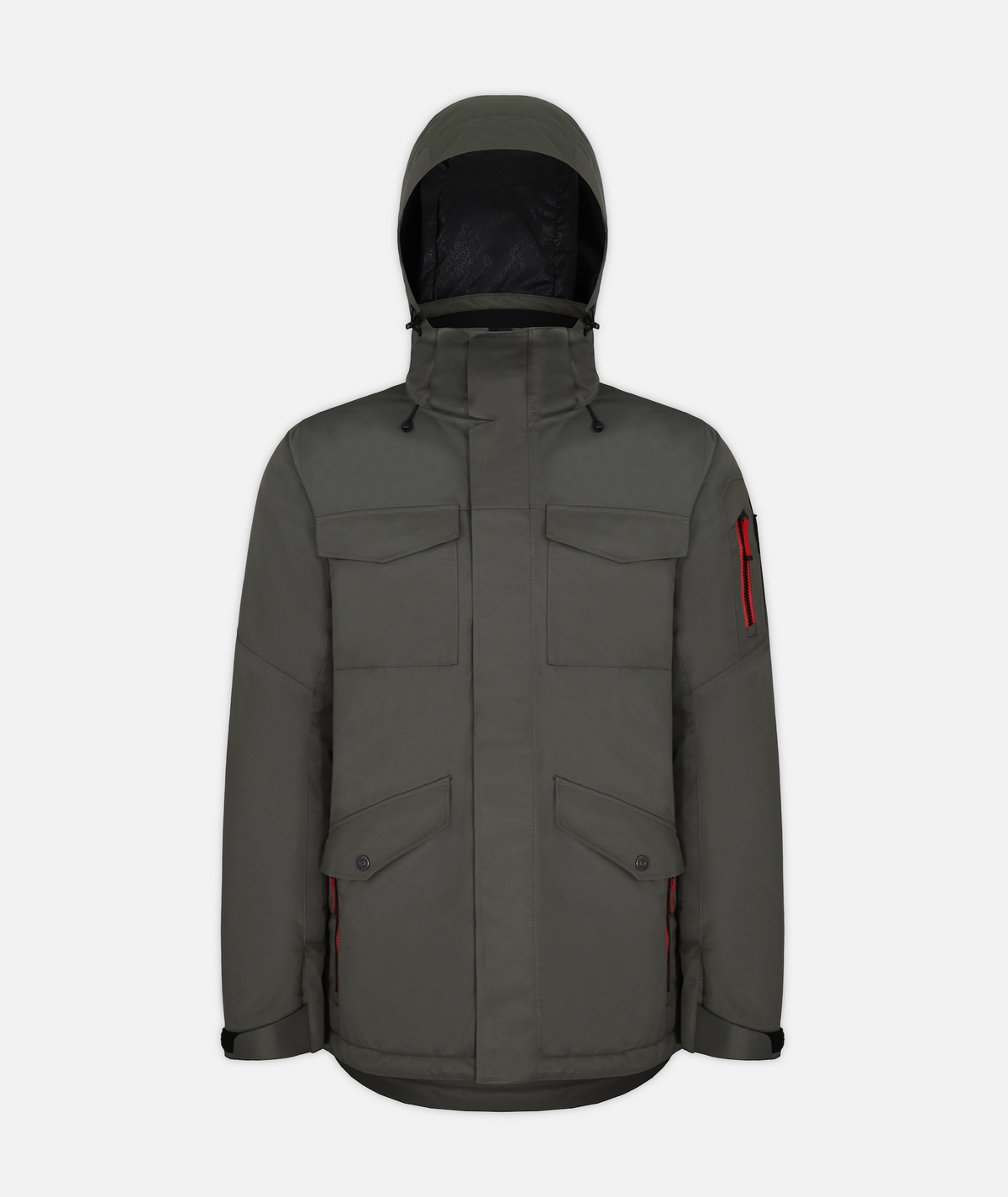 A men's insulated jacket in dark olive green heathered color with a hood, featuring multiple pockets on a white background.