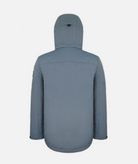 back of a men's insulated jacket in slate blue heathered color with a hood, featuring multiple pockets on a white background.