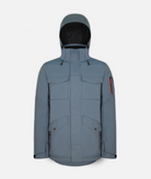 A men's insulated jacket in slate blue heathered color with a hood, featuring multiple pockets on a white background.