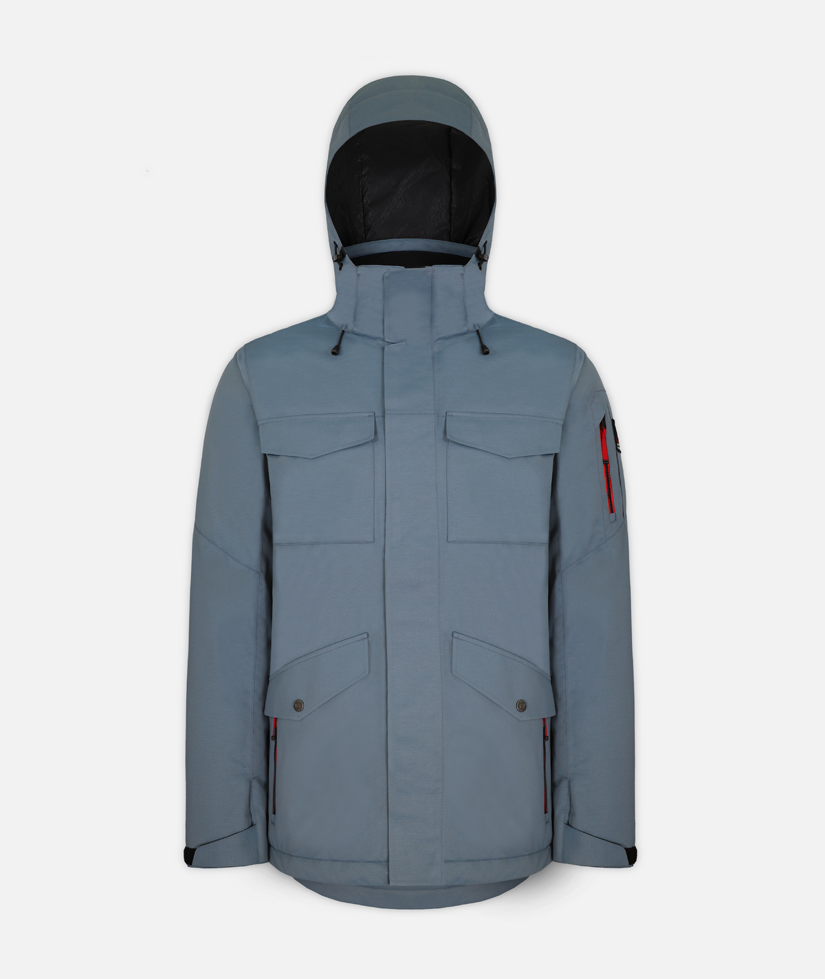 A men's insulated jacket in slate blue heathered color with a hood, featuring multiple pockets on a white background.