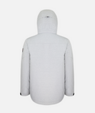 back of a men's insulated jacket in light gray heathered color with a hood, featuring multiple pockets on a white background.
