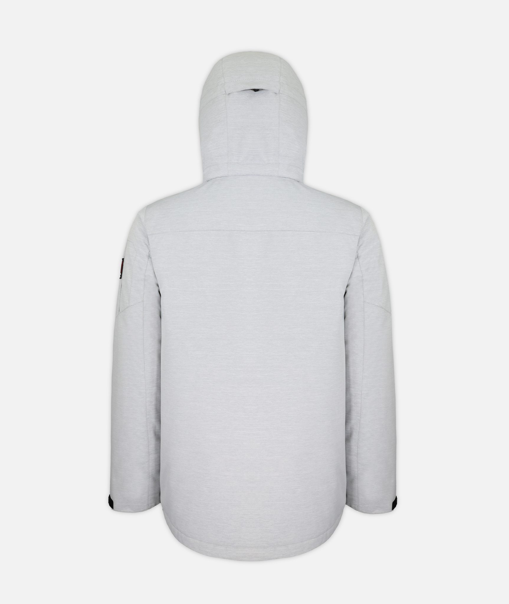 back of a men's insulated jacket in light gray heathered color with a hood, featuring multiple pockets on a white background.